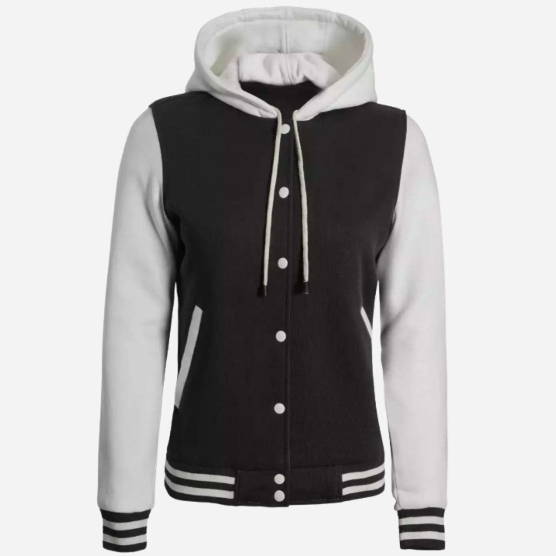 Women's Black and White Hooded Varsity Jacket Verified Leather