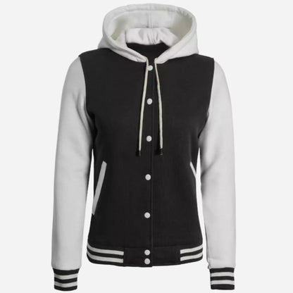 Women's Black and White Hooded Varsity Jacket Verified Leather