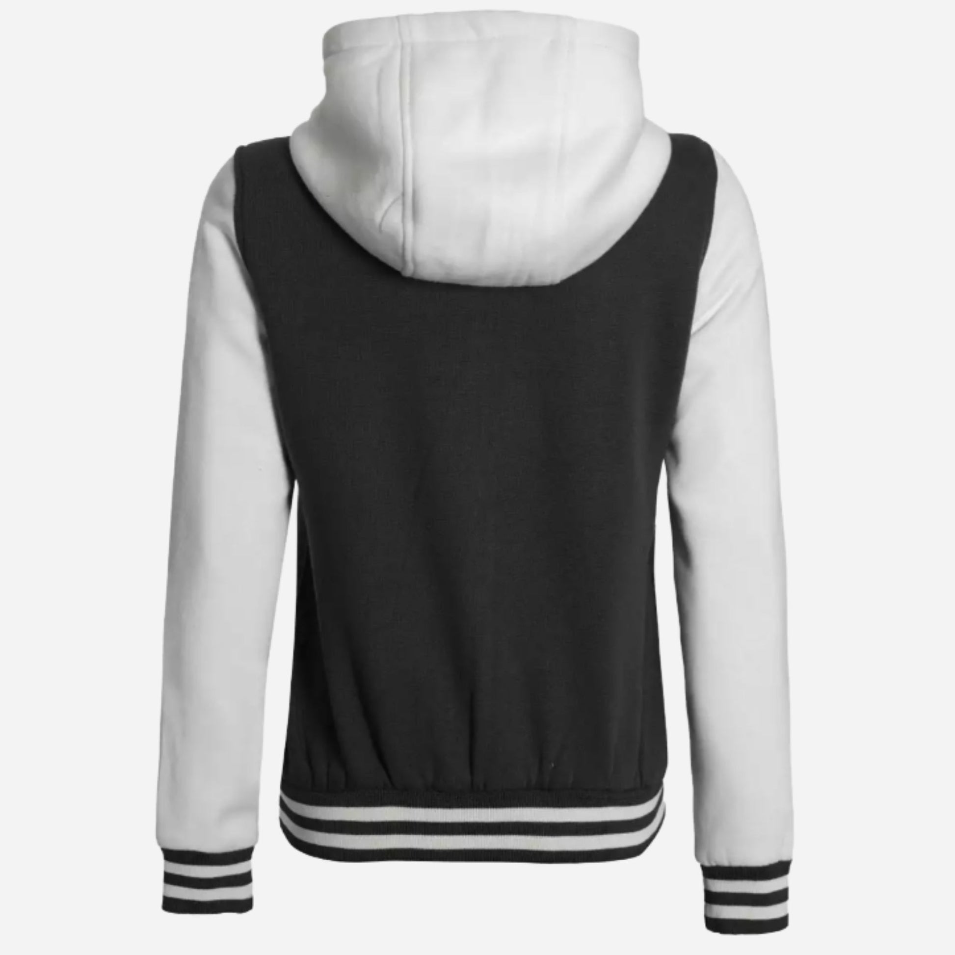 Women's Black and White Hooded Varsity Jacket Verified Leather