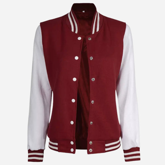 Womens Maroon Varsity Jacket with White Sleeves Verified Leather