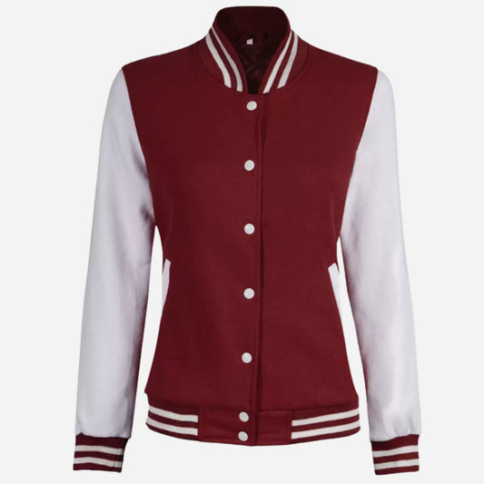 Womens Maroon Varsity Jacket with White Sleeves Verified Leather