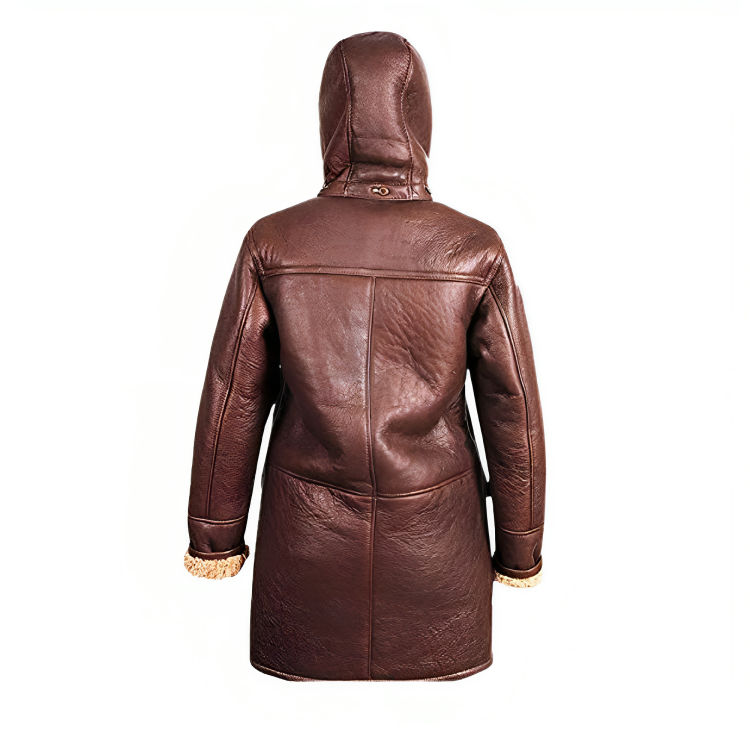 Women Fur Shearling Hooded Leather Duffle Coat