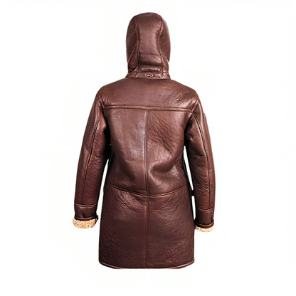 Women Fur Shearling Hooded Leather Duffle Coat