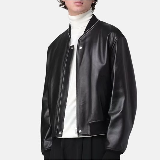 Black Zip Up Bomber Leather Jacket for Men