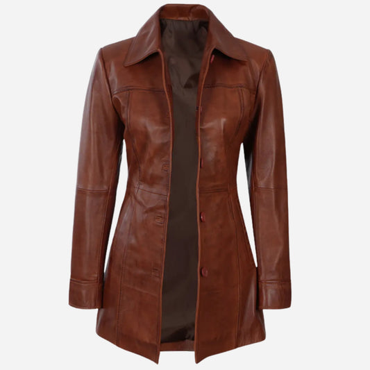 Womens Tall Shirt Collar Cognac Leather Coat - 3/4 Length Coat
