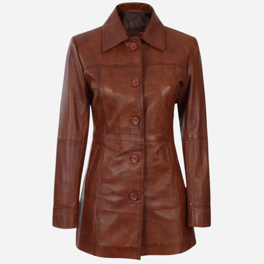Womens Tall Shirt Collar Cognac Leather Coat - 3/4 Length Coat
