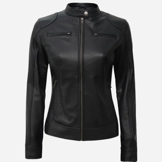 Womens Tall Black Cafe Racer Leather Jacket