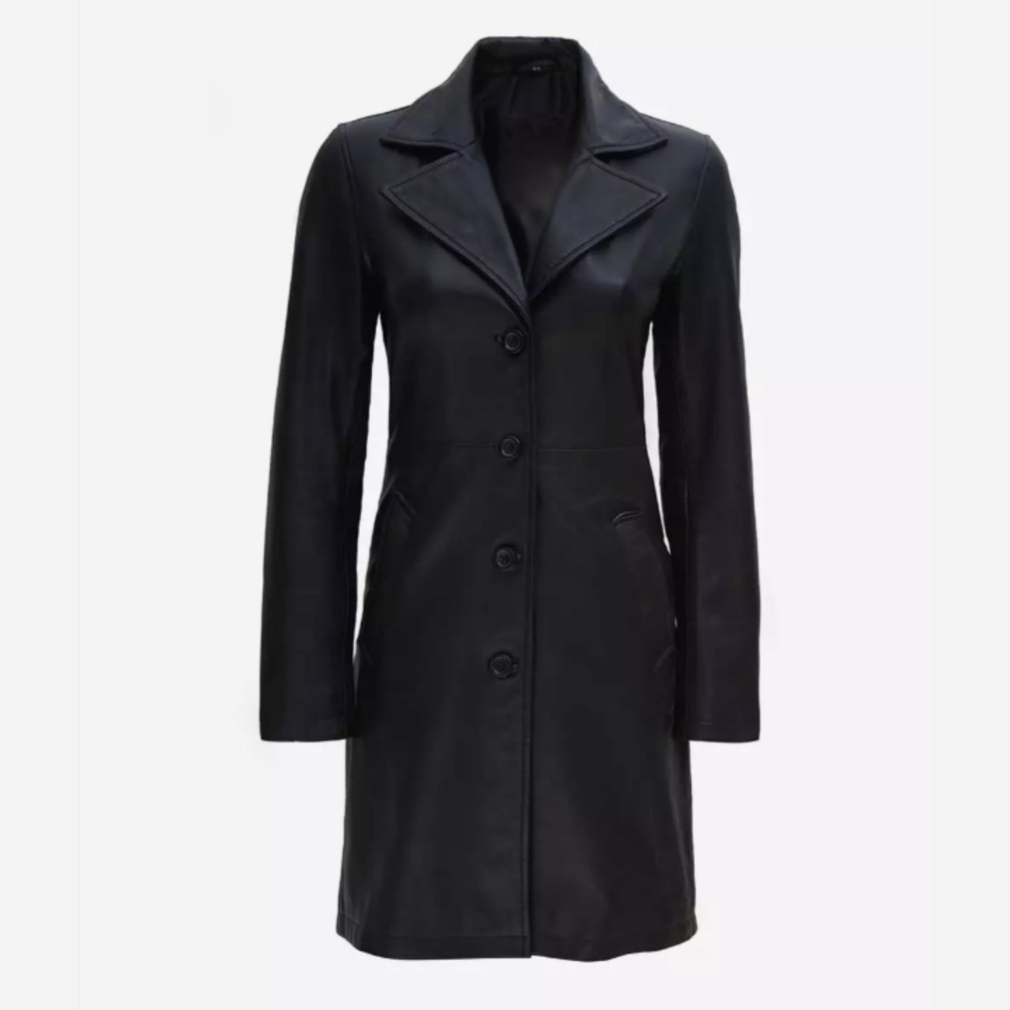 Women's Tall Black Wide Collar 3/4 Length Leather Coat Verified Leather
