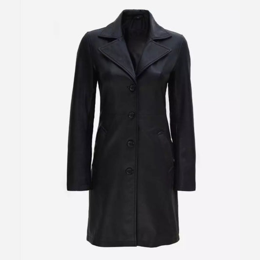 Women's Tall Black Wide Collar 3/4 Length Leather Coat
