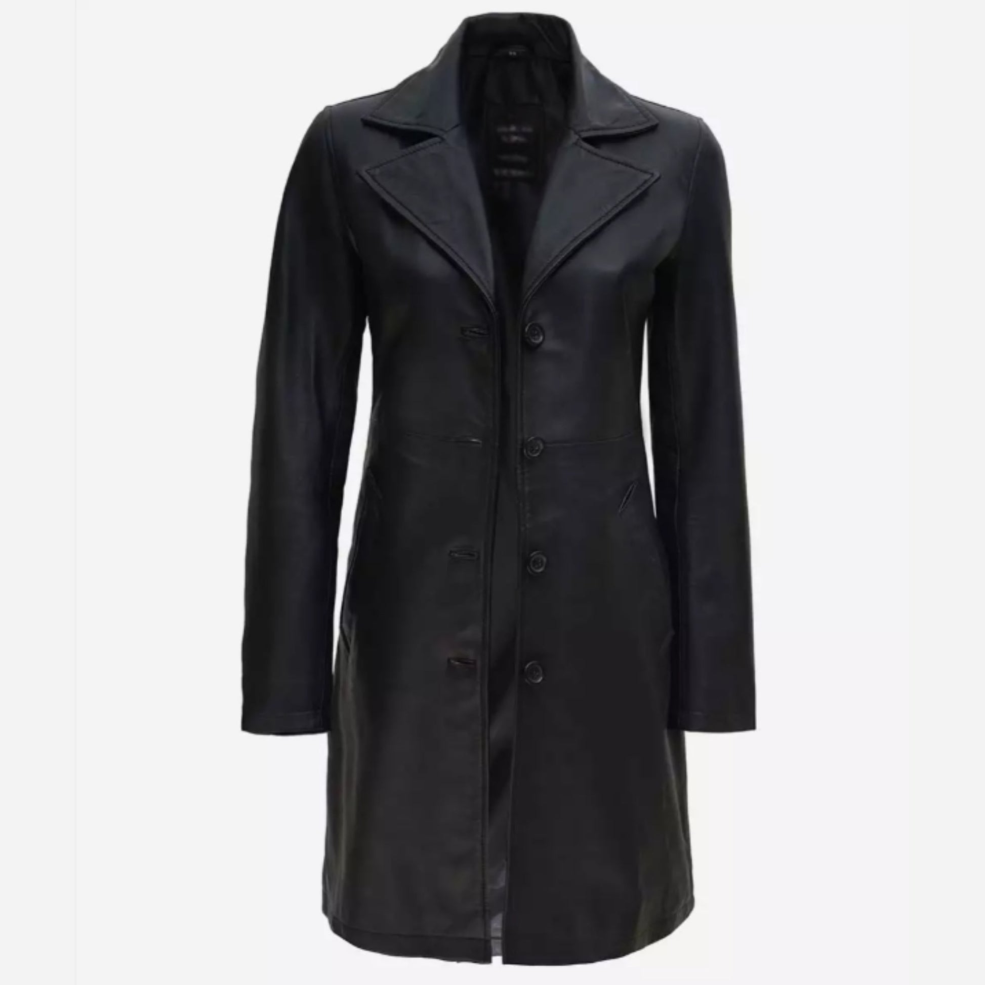 Women's Tall Black Wide Collar 3/4 Length Leather Coat Verified Leather