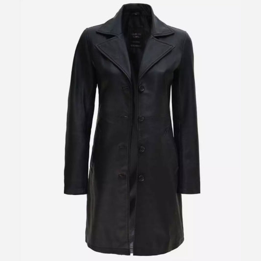 Women's Tall Black Wide Collar 3/4 Length Leather Coat