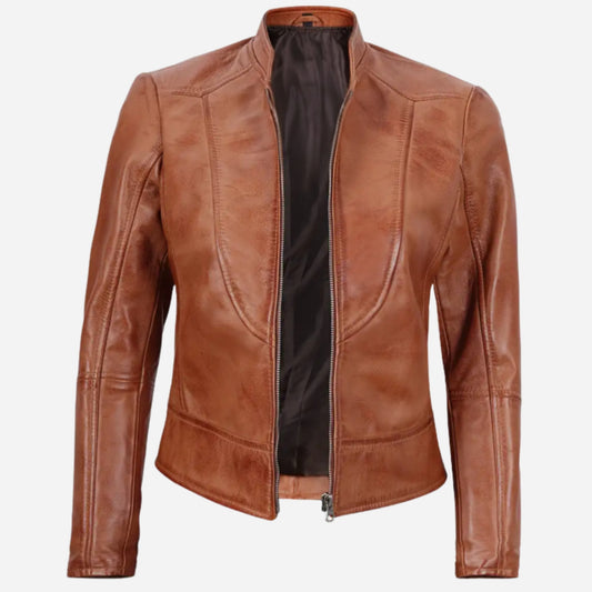 Womens Tall Biker Tan Leather Jacket