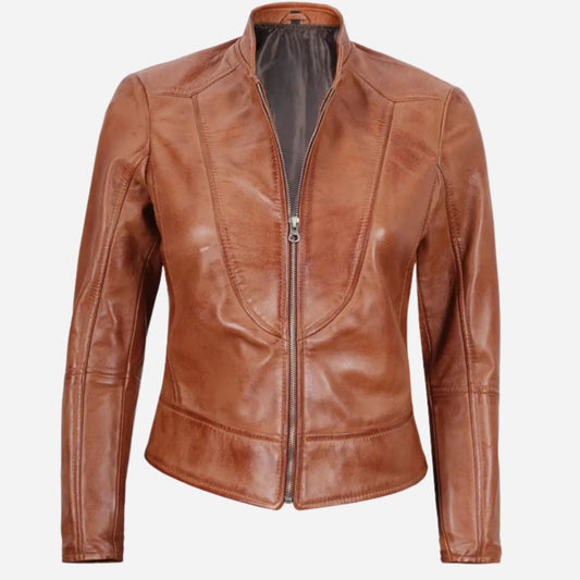 Womens Tall Biker Tan Leather Jacket