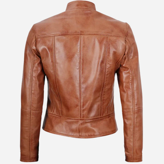 Womens Tall Biker Tan Leather Jacket Verified Leather