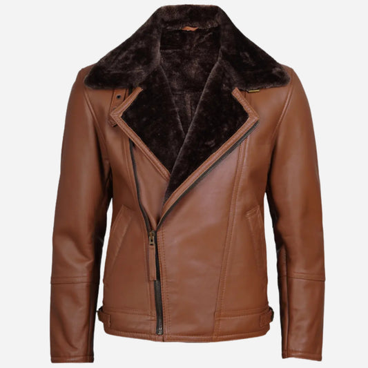 Men's Cognac Leather Shearling Moto Jacket