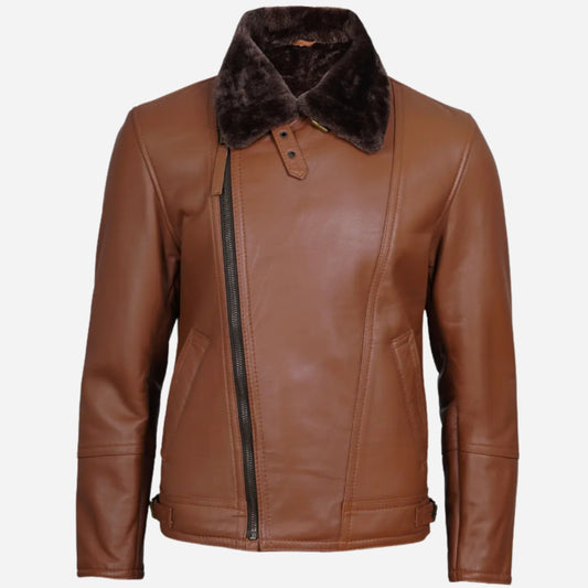 Men's Cognac Leather Shearling Moto Jacket