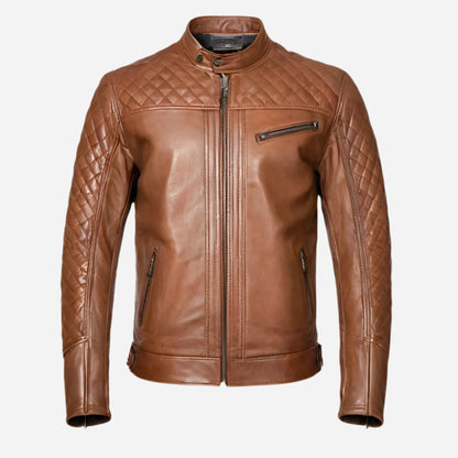 Mens Brown Quilted Leather Motorcycle Jacket Verified Leather