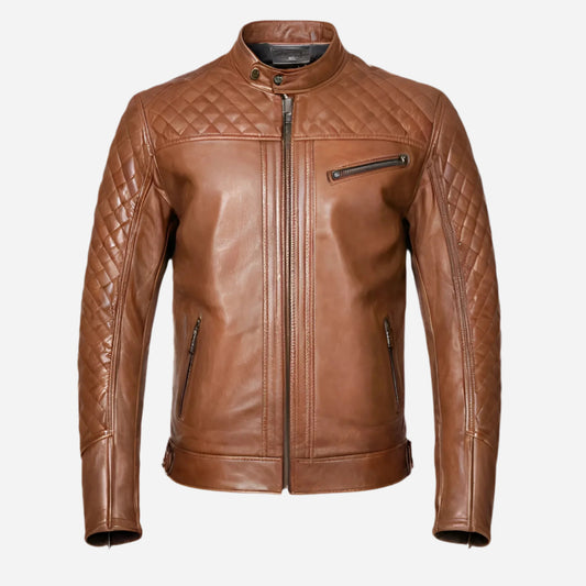 Mens Brown Quilted Leather Motorcycle Jacket