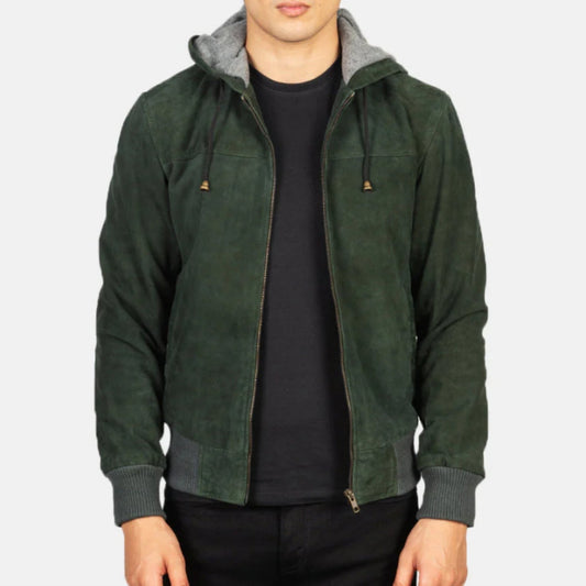 Nintenzo Green Hooded Suede Bomber Jacket Verified Leather