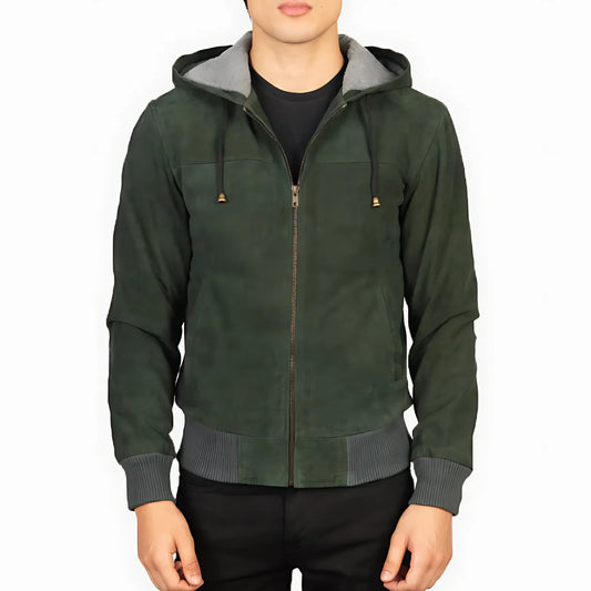 Nintenzo Green Hooded Suede Bomber Jacket Verified Leather