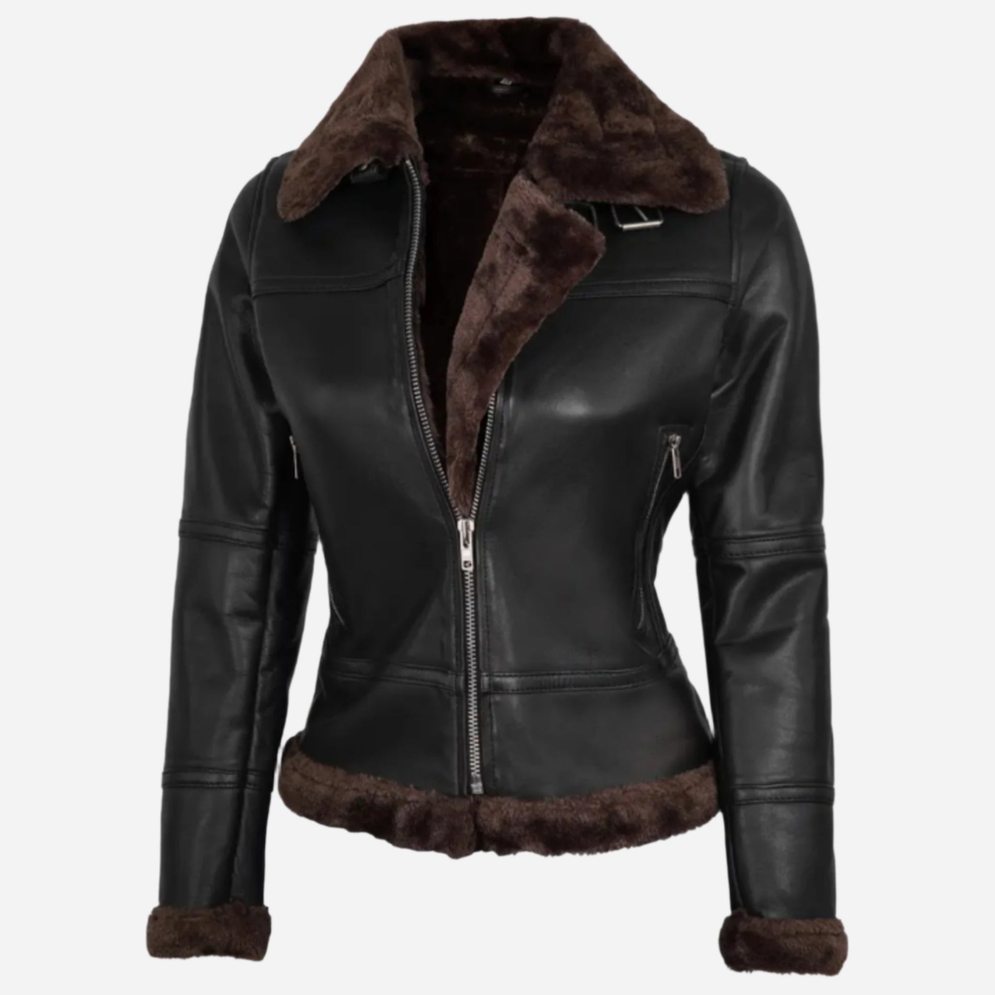 Womens Dark Brown Shearling Leather Bomber Jacket Verified Leather