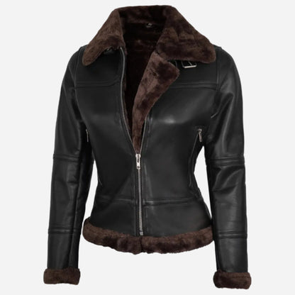 Womens Dark Brown Shearling Leather Bomber Jacket Verified Leather