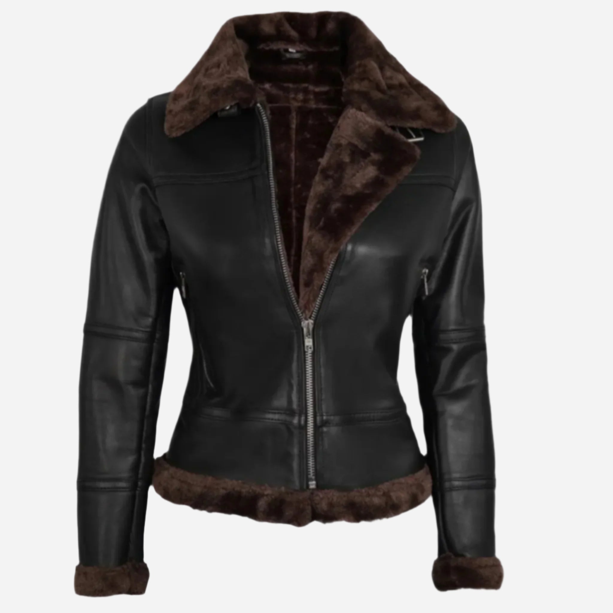 Womens Dark Brown Shearling Leather Bomber Jacket Verified Leather