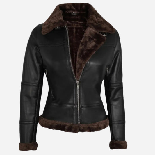 Womens Dark Brown Shearling Leather Bomber Jacket