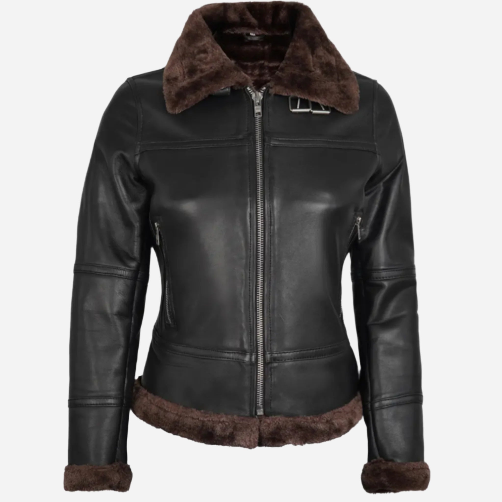 Womens Dark Brown Shearling Leather Bomber Jacket Verified Leather