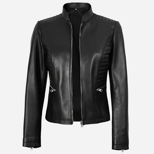 Womens Black Cafe Racer Leather Jacket Verified Leather
