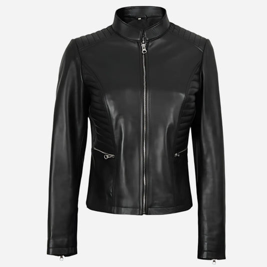 Womens Black Cafe Racer Leather Jacket Verified Leather