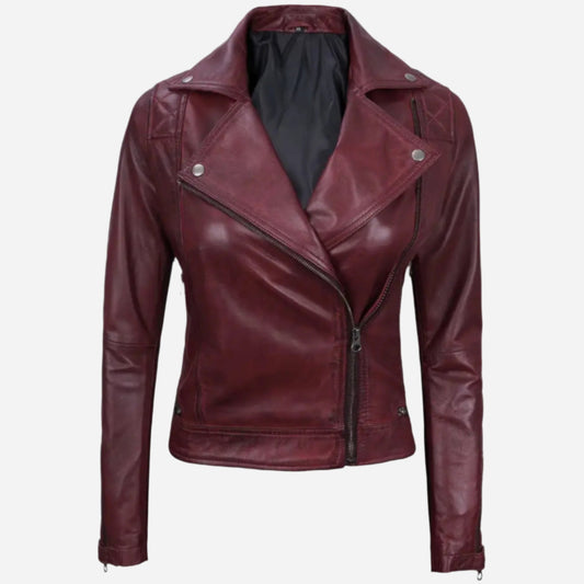 Women's Real Lambskin Leather Maroon Moto Jacket Verified Leather