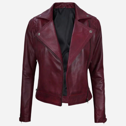 Women's Real Lambskin Leather Maroon Moto Jacket Verified Leather