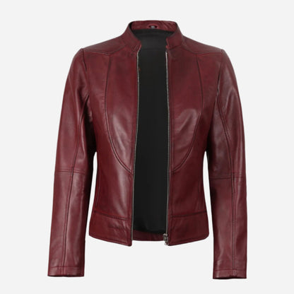 Womens Slim Fit Burgundy Leather Jacket Verified Leather