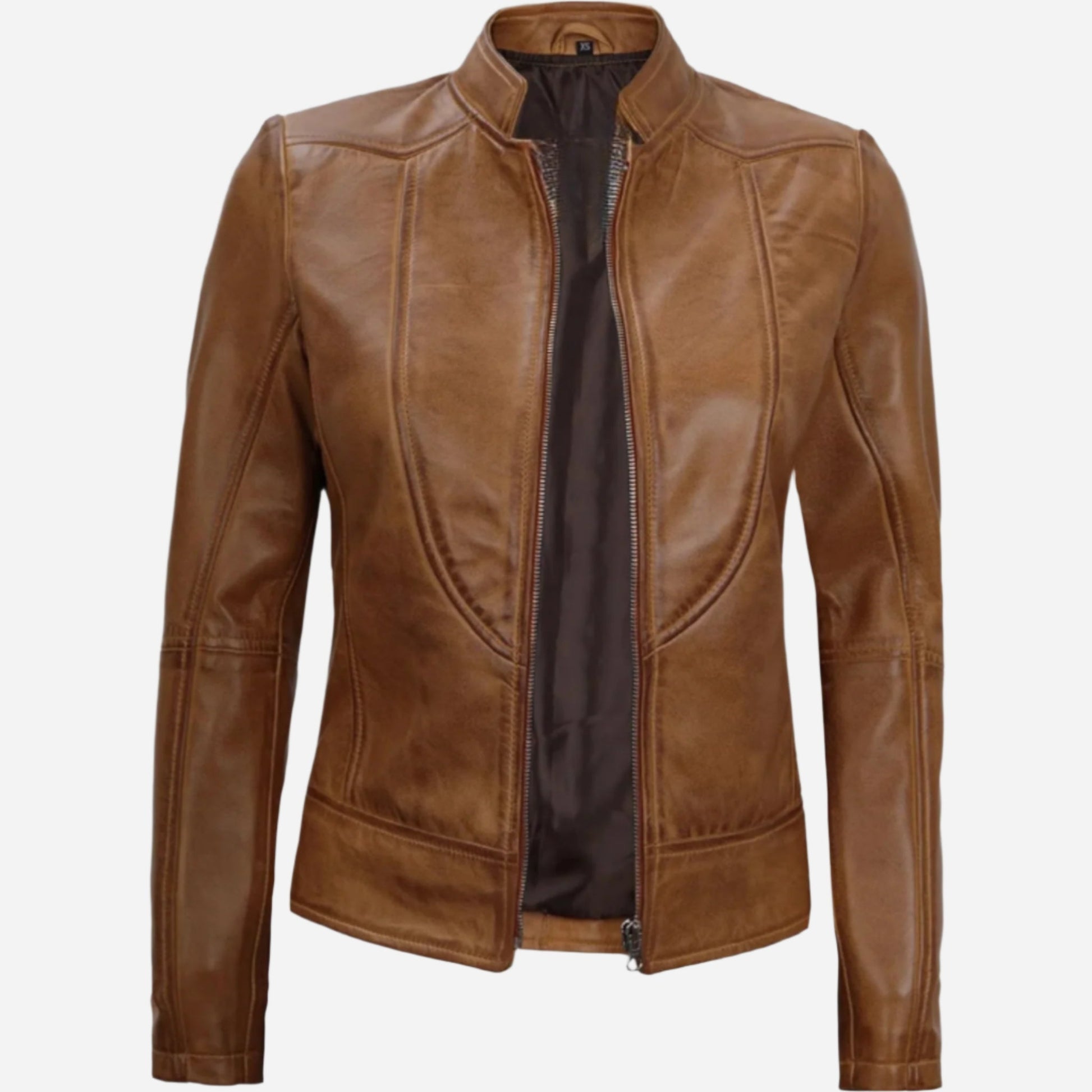 Amy Womens Camel Brown Biker Style Leather Jacket Verified Leather