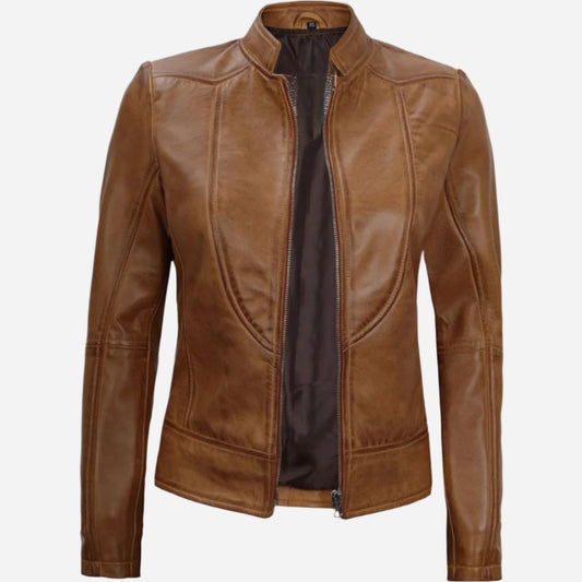 Amy Womens Camel Brown Biker Style Leather Jacket Verified Leather