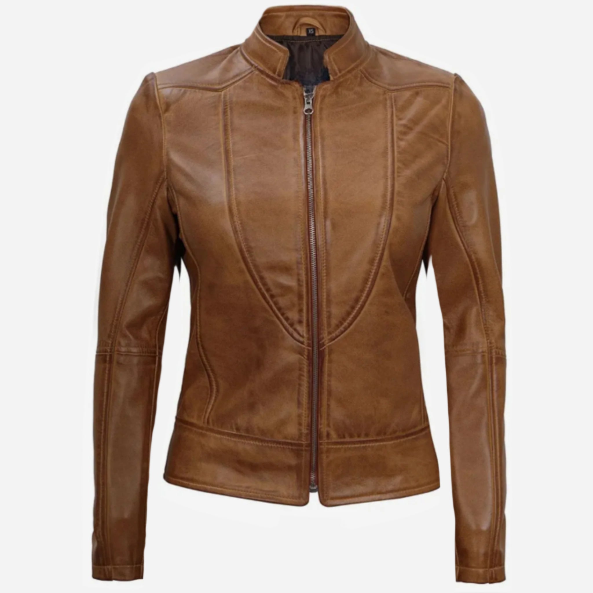 Amy Womens Camel Brown Biker Style Leather Jacket Verified Leather