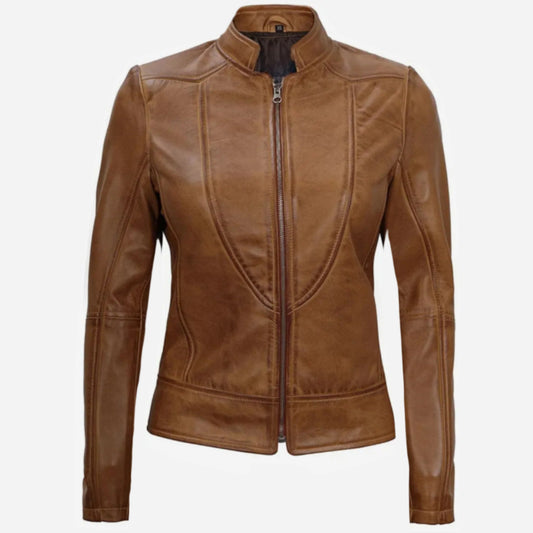 Amy Womens Camel Brown Biker Style Leather Jacket Verified Leather