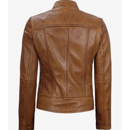 Amy Womens Camel Brown Biker Style Leather Jacket Verified Leather