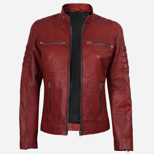 Womens Real Leather Red Cafe Racer Jacket Verified Leather