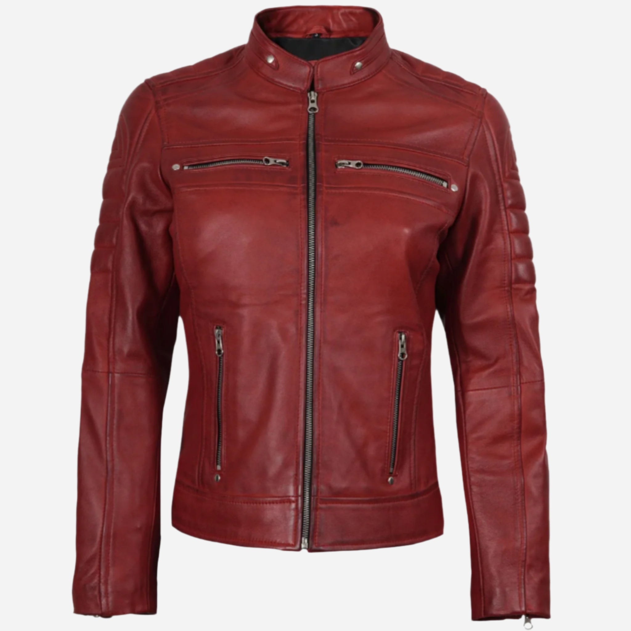 Womens Real Leather Red Cafe Racer Jacket Verified Leather