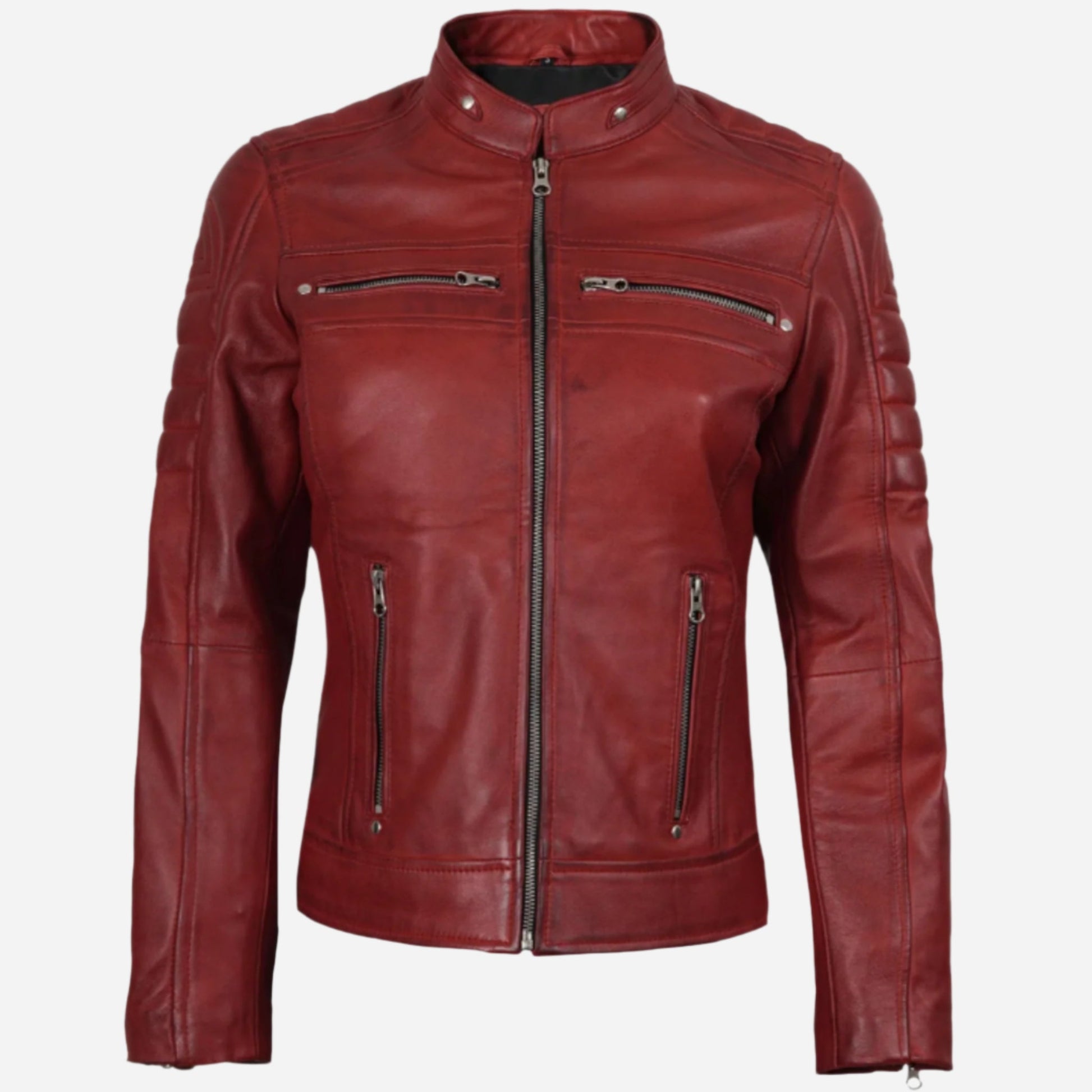 Womens Real Leather Red Cafe Racer Jacket Verified Leather