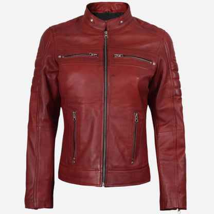 Womens Real Leather Red Cafe Racer Jacket Verified Leather