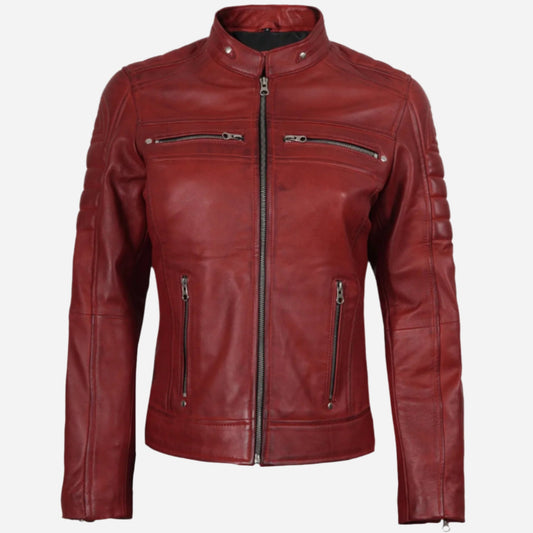 Womens Real Leather Red Cafe Racer Jacket Verified Leather