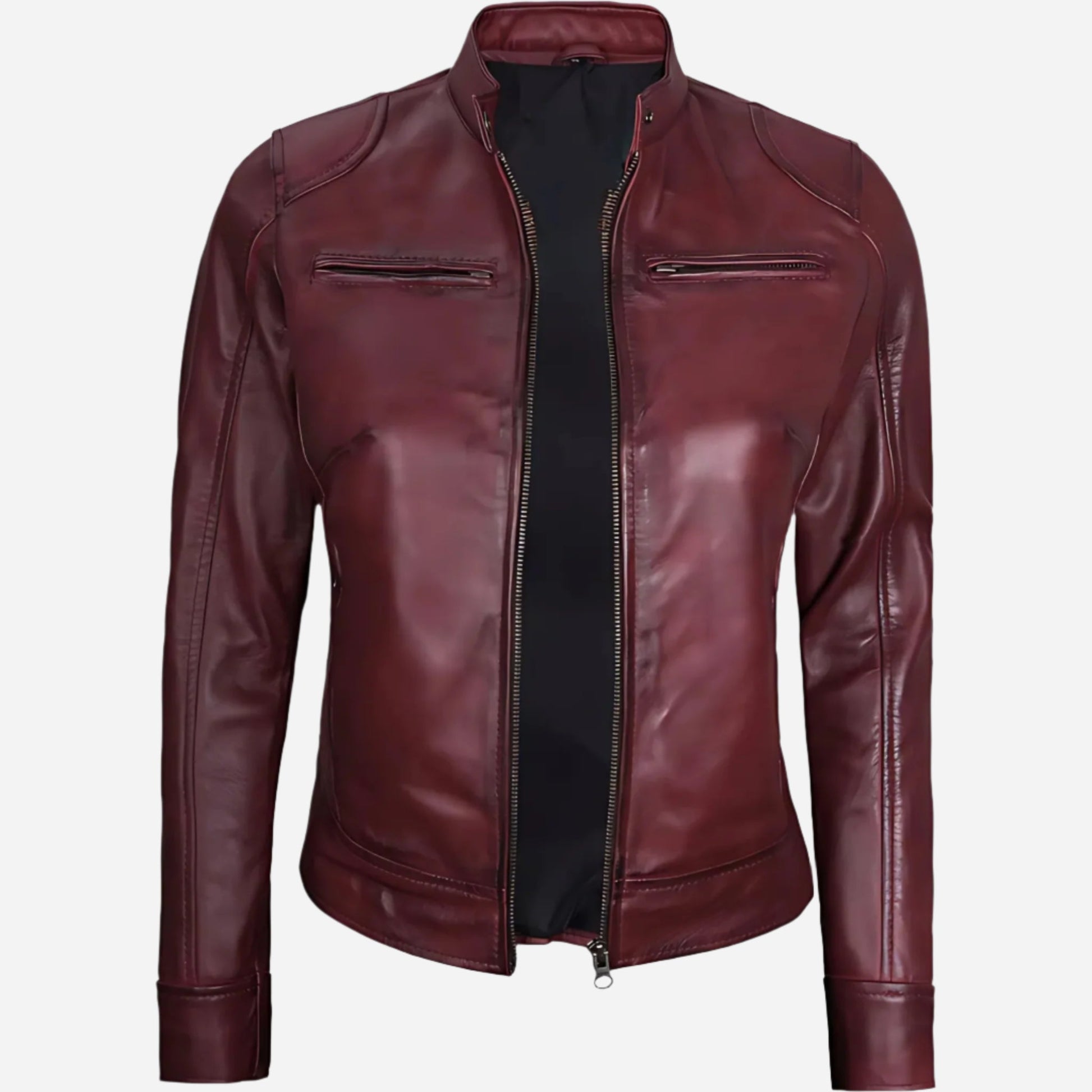 Womens Real Leather Burgundy Moto Jacket Verified Leather