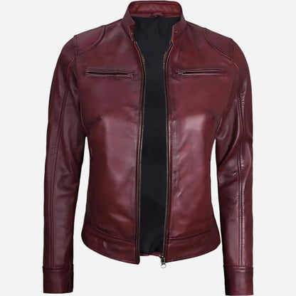 Womens Real Leather Burgundy Moto Jacket Verified Leather