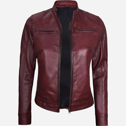 Womens Real Leather Burgundy Moto Jacket Verified Leather