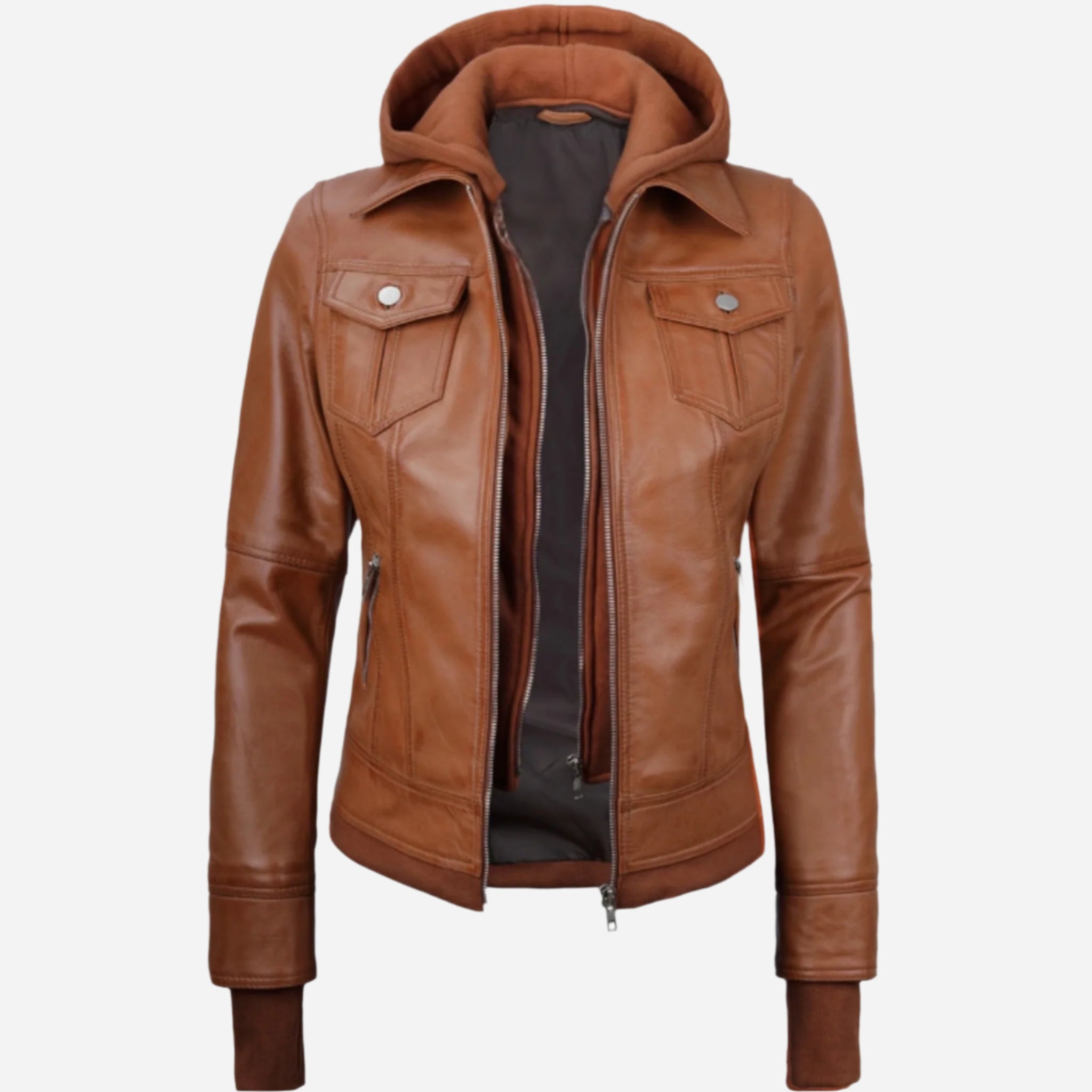Tralee Women's Tan Waxed Bomber Leather Jacket With Detachable Hood Verified Leather