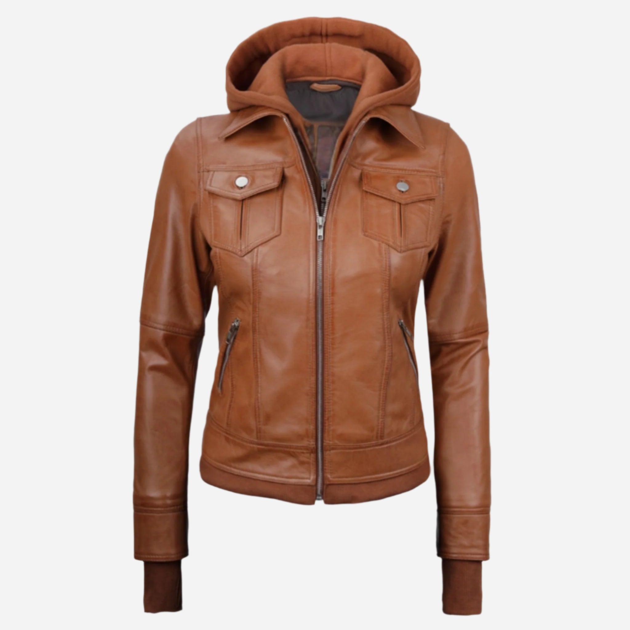 Tralee Women's Tan Waxed Bomber Leather Jacket With Detachable Hood Verified Leather