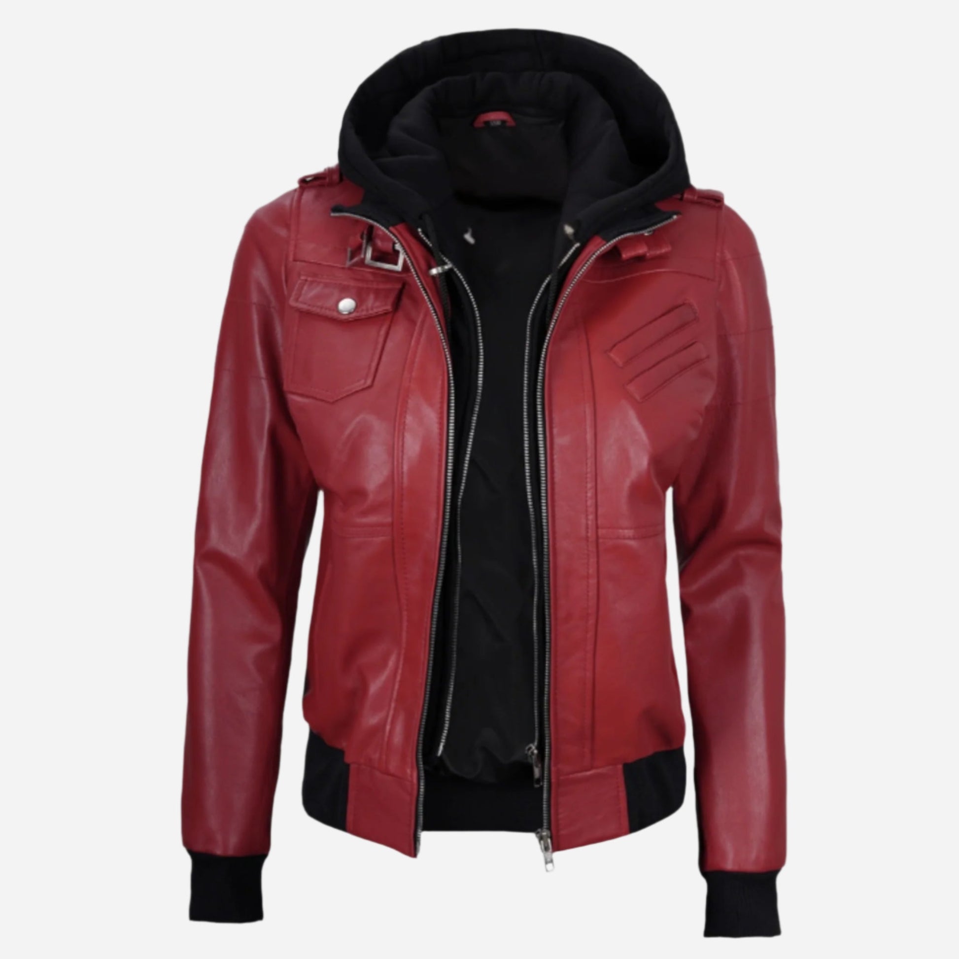 Womens Red Hooded Bomber Leather Jacket Verified Leather